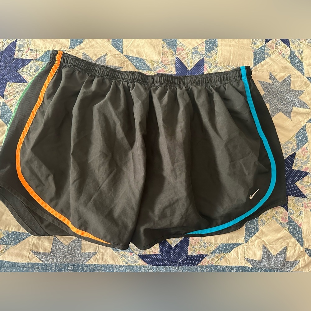 Nike Women's Tempo Athletic Shorts in black with Orange and Blue Trim